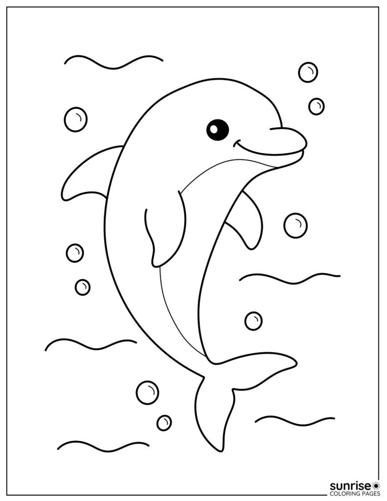dolphin coloring page with bubbles 