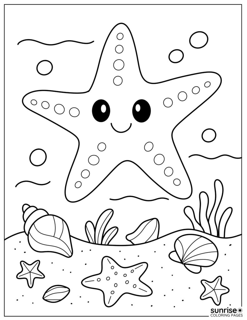 shells and starfish underwater coloring page