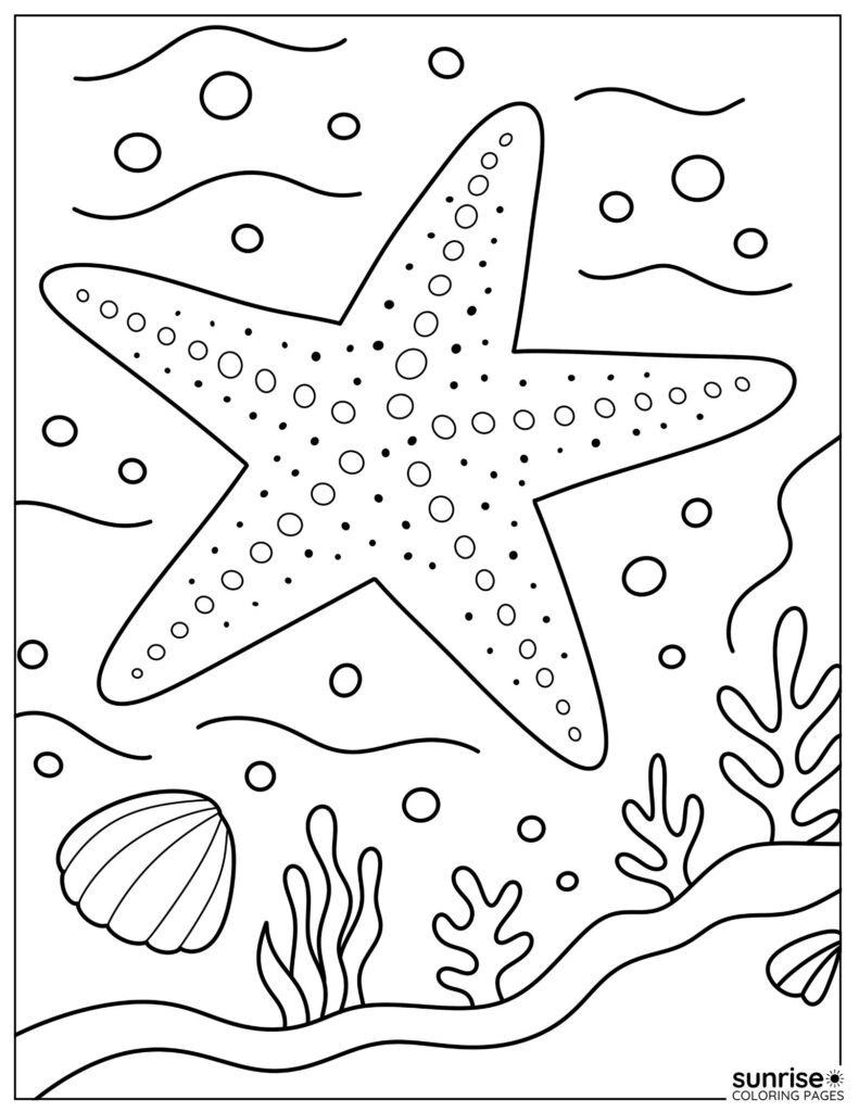 coloring page of starfish in tide pool