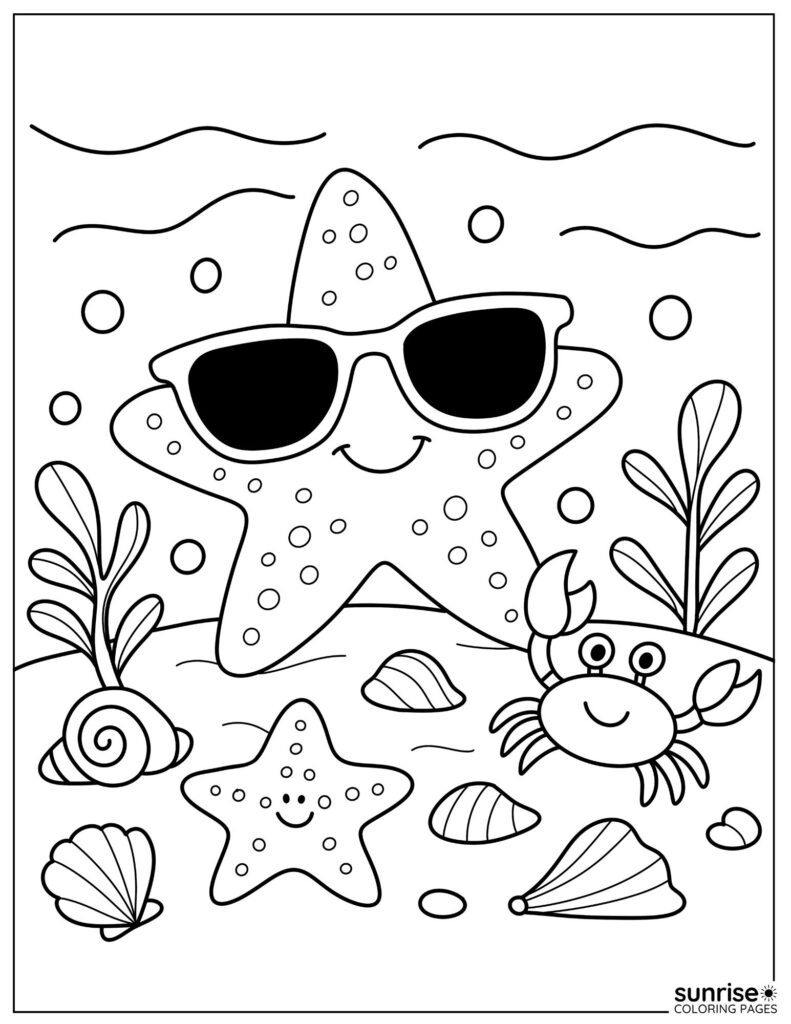 starfish with sunglasses coloring page