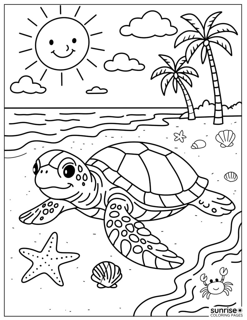 Sea Turtle at Tropical Beach Coloring Page